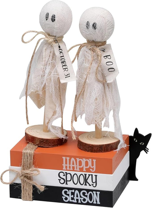 Halloween Decorations Indoor, 1 Set of Happy Spooky Season Wood Faux Books Stack,2 Primitive Halloween Ghosts on Wood Stand & 1 Black Cat Centerpiece for Tiered Tray Table Shelf Decor