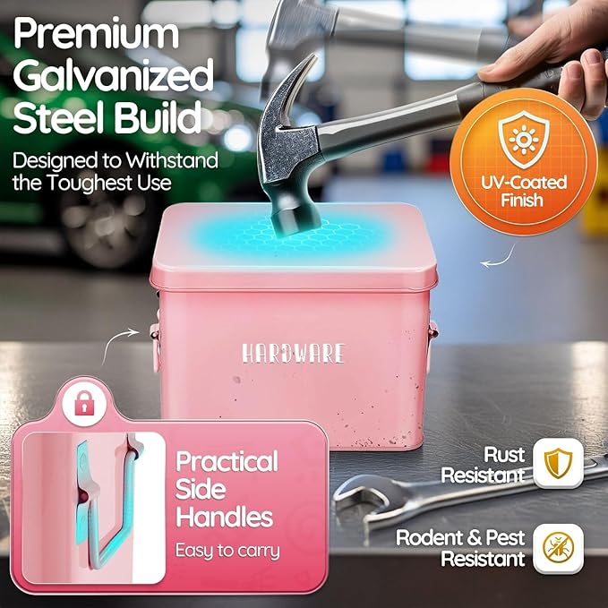 Flexzion Tin Storage Box with Removable Tray, 8 Inch Seed Organizer Box and Metal Seed Holder Organizer with Hinged Lid, Toolbox Container for Crafts, Hardware, Tools, Essentials, Pink