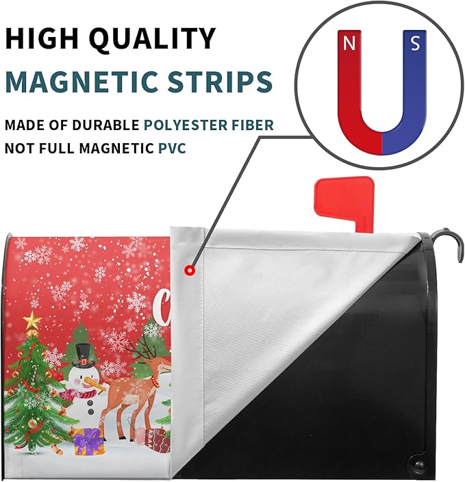 Merry Christmas Mailbox Cover, Magnetic Standard Size 21x18 Inch, Xmas Trees Santa Claus Snowman Reindeer Penguin Mailbox Wrap Post Cover for Garden Yard Outdoor Home New Year Decor