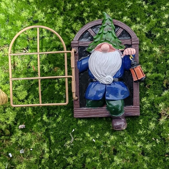 Garden Gnome Open The Door Garden Decor Resin Tree Faces Decor Outdoor Fairy Garden Patio Lawn Porch (Blue)