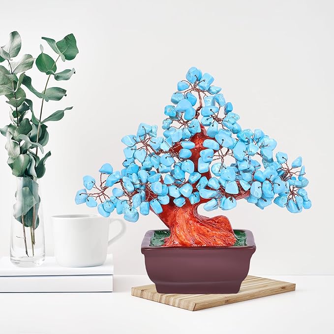 Feng Shui Quartz Crystal Money Tree Bonsai Style Decoration for Luck and Wealth (Blue)