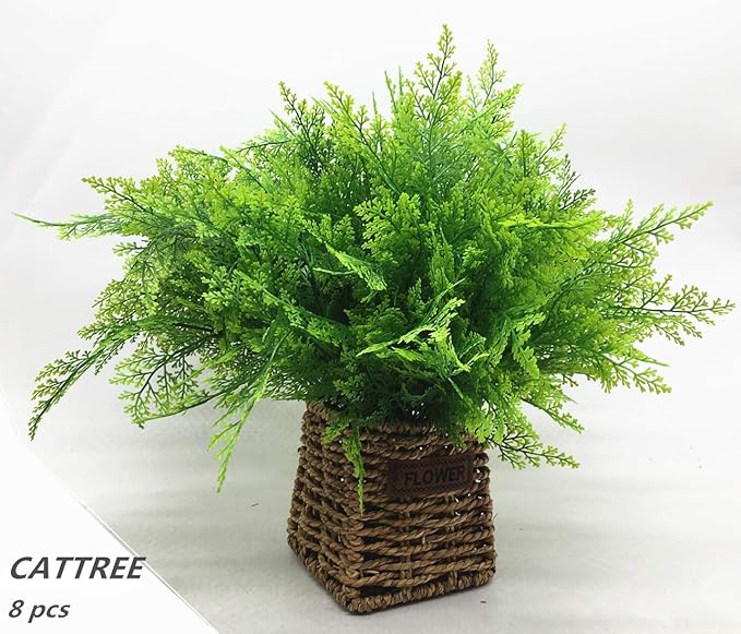 CATTREE Artificial Shrubs Bushes, Plastic Plants Fern Leaves Fake Persian Grass Wedding Indoor Outdoor Home Garden Verandah Kitchen Office Table Centerpieces Arrangements Christmas Decoration 8 pcs