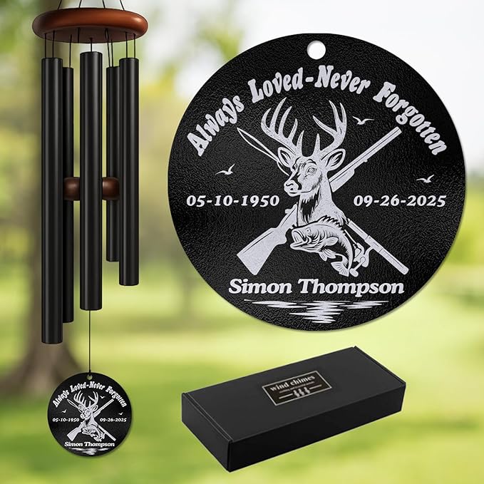 Personalized Hunter & Fisherman Memorial Wind Chime – “Always Loved – Never Forgotten” Deer & Fish Windchime – Outdoor Sympathy Gift for Loss of Loved One – Custom Name & Dates Windchime