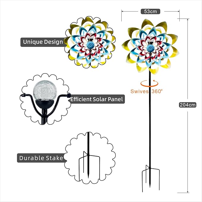 Outdoor Wind Spinner with Garden Stake 82.7" Metal Two-Way Wind Sculptures Solar Color Changing Lights Large Windmills for Garden,Patio,Yard,Lawn Decor Gifts Flower