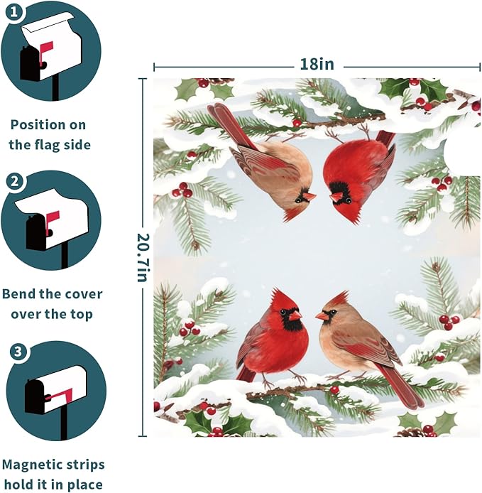 Winter Cardinal Bird Mailbox Covers Magnetic Standard Size Snow Scene Christmas Holiday Mailbox Wraps Seasonal Outdoor Decorative Letter Box Cases for Home Garden Outside Decor, 21x18 Inch