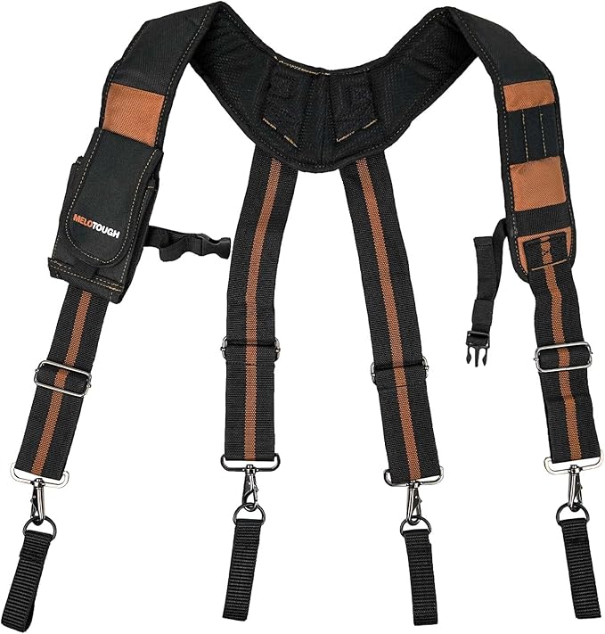 MELOTOUGH Tool Belt Suspenders Construction Work Suspenders with detachable phone holder comfortable foam shoulder padder (Khaki)