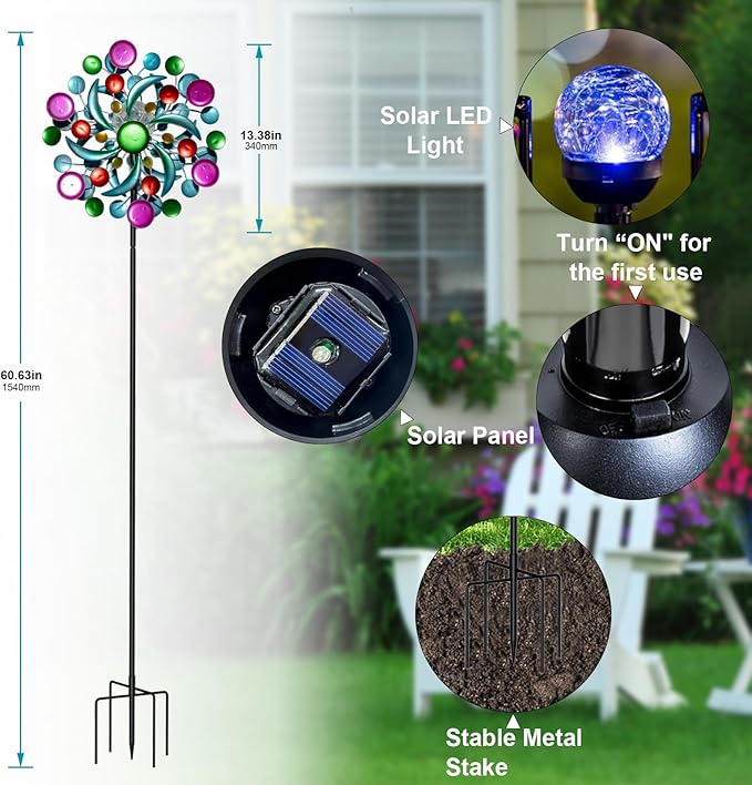 360° Wind Spinners Outdoor with Solar Lights Colorful Dots Garden Decor Yard Lawn Art Decor for Patio Kinetic Windmills 60.63'' H x 13.38'' Dia Unique Gifts for Friends and Family