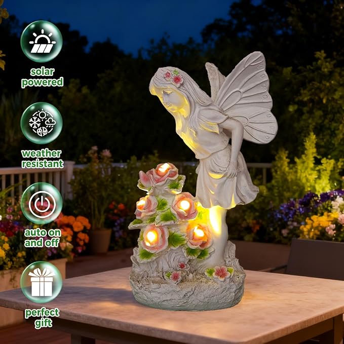 Garden Figurines Angel Garden Statue Outdoor Decor, Solar Powered Resin Sculpture with 5 LEDs Art Decoration for Patio Lawn Yard Porch, Ornament Housewarming Gift, 11“ H
