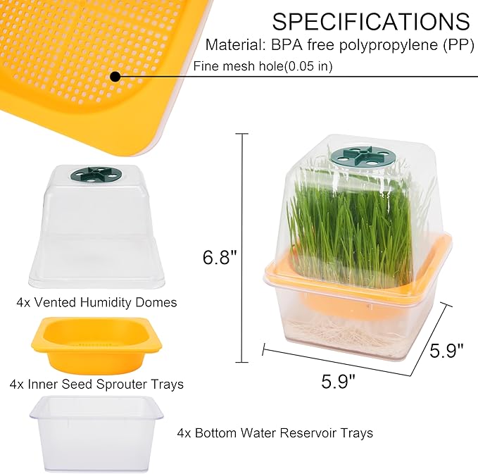 4 Pack Microgreen Growing Trays, Sprouting Tray with Humidity Dome, 1.2 mm Small Mesh Holes, BPA Free, Sprouter Kit for Growing Mirco Seeds, Like Broccoli, Alfalfa, Radish, Clover - Clear Base