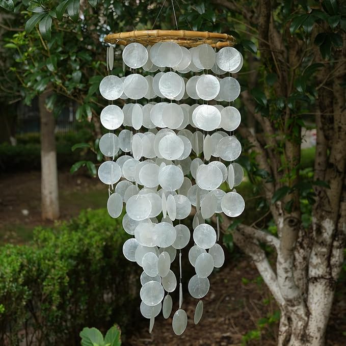 Capiz Shell Large Wind Chime for Outside Sea Glass Wind Chime Ocean/Beach Themed Chime Gift for Women Mother’s Day Decoration-White，32"*11"