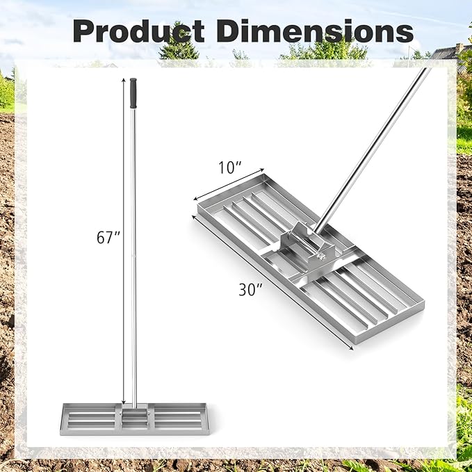 30" x 10" Lawn Leveling Rake, Heavy Duty Landscape Rake with 67" Handle, Non-Slip Grip & Flat Head, Space-Saving Lawn Level Tool for Garden, Backyard, Golf Course & Sports Field(Silver)