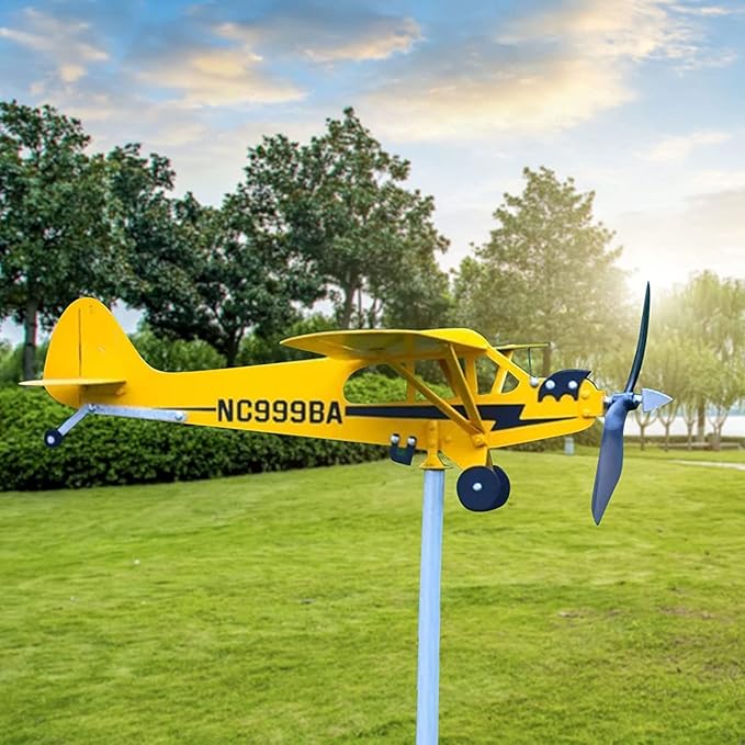 Piper J3 Cub Airplane Wind Spinner - Metal Airplane Weathervane, Handmade Windmill, Outdoor Decor Gift for Flight Lovers (20 x 18cm)