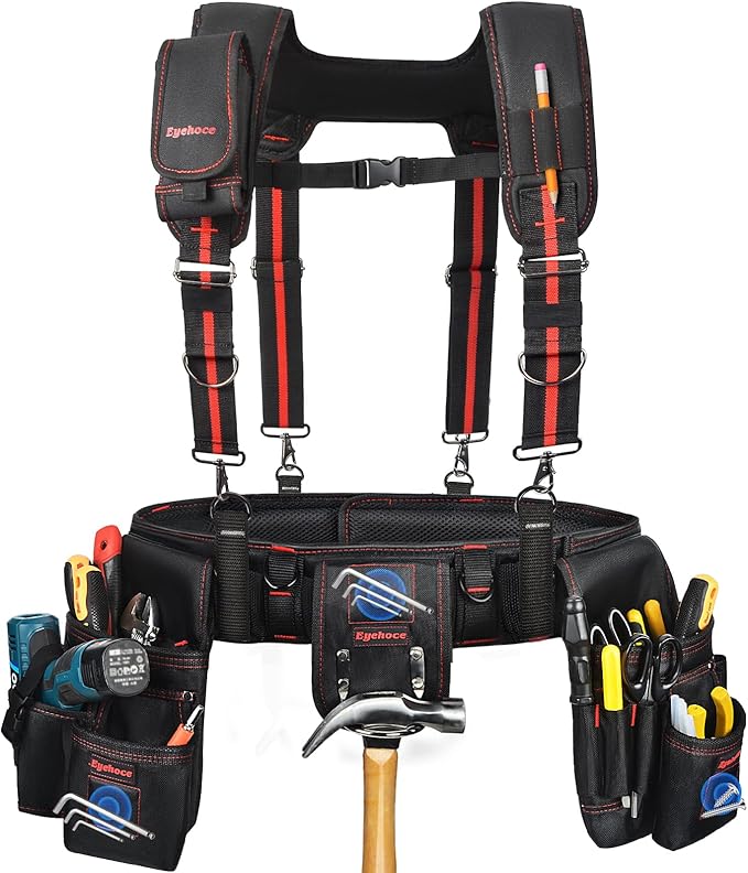 Heavy Duty Tool Belt with Padded Suspenders – Adjustable Construction Tool Rig with Multi-Pouch System – Framing & Electrician Waist Belt for Men（Adjustable one sizeZ)