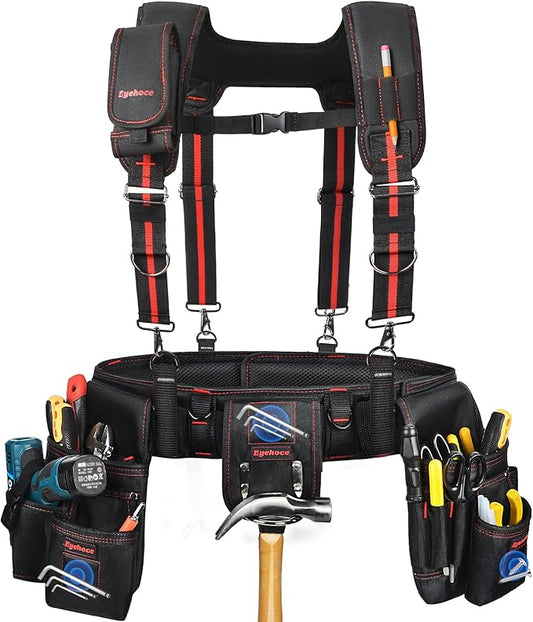 Heavy Duty Tool Belt with Padded Suspenders – Adjustable Construction Tool Rig with Multi-Pouch System – Framing & Electrician Waist Belt for Men（Adjustable one sizeZ)