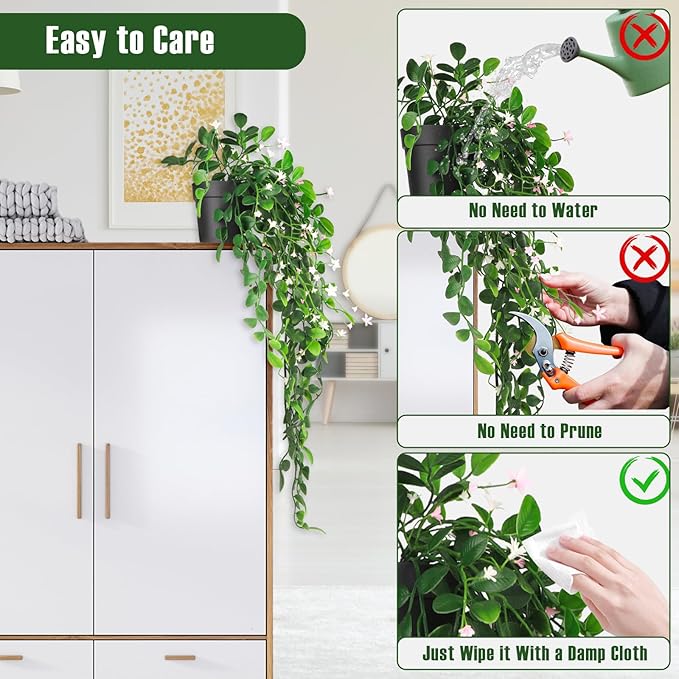 2 x Fake Hanging Plants Small Artificial Potted Lysimachia Plants with White Pink Flowers for Home Decor Nearly Natural Hanger Greenery for Wall Room Indoor Outdoor Shelf Decor