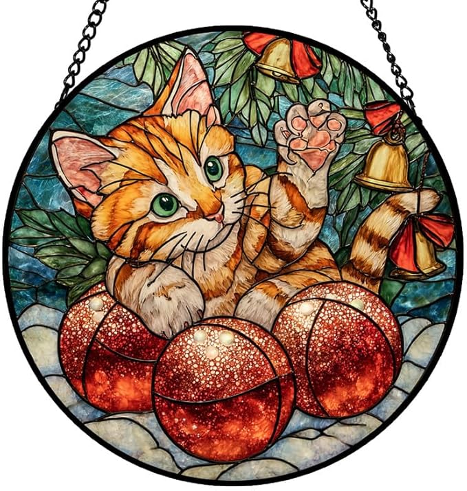 Stained Glass Window Hanging – 6.3 in Orange Cat with Christmas Balls Panel with Chain， Bathroom Front Door Living Room Garden Decor， Gift for Mom Wife Lovers
