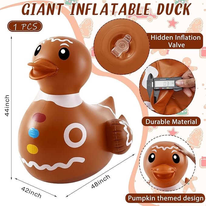 Hungdao 1 Pcs 4 Feet PVC Christmas Giant Inflatable Gingerbread Duck Huge Rubber Large Blow up Duck Christmas Pool Floats for Xmas Holiday Indoor Outdoor Pool Decorations