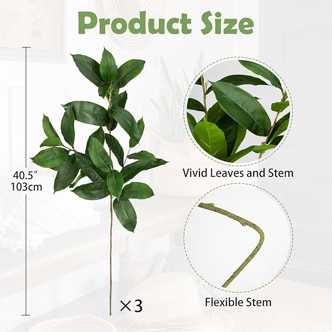40.5 Artificial Greens Branches 3Pcs Fake Leaf Stem Eucalyptus Branches Faux Plants for Home Bedroom Office Wedding Vase Table Centerpiece Decoration