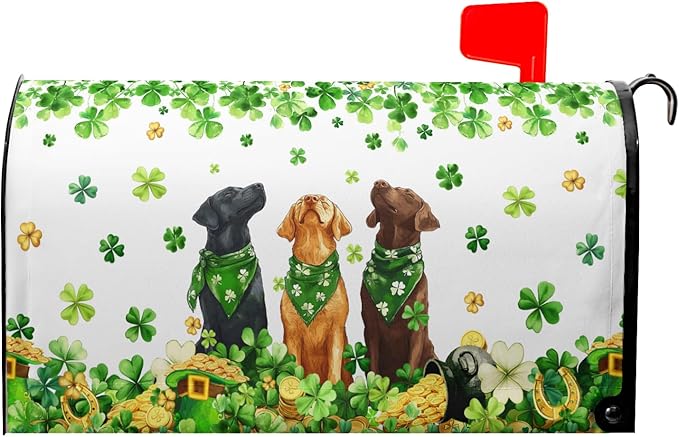St. Patricks Day Mailbox Cover Magnetic, 25.5"x21" Patrick Dog Lucky Clover Elf Hat Mailbox Wrap, Spring Shamrocks Large Size Waterproof Letter Post Cover for Garden Yard Outdoor Decor