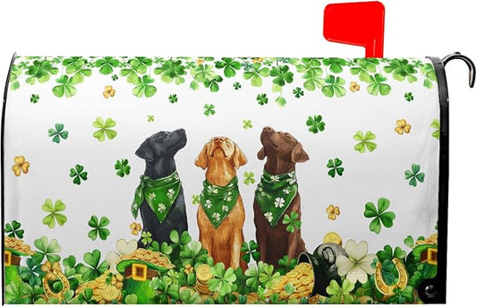 St. Patricks Day Mailbox Cover Magnetic, 25.5"x21" Patrick Dog Lucky Clover Elf Hat Mailbox Wrap, Spring Shamrocks Large Size Waterproof Letter Post Cover for Garden Yard Outdoor Decor