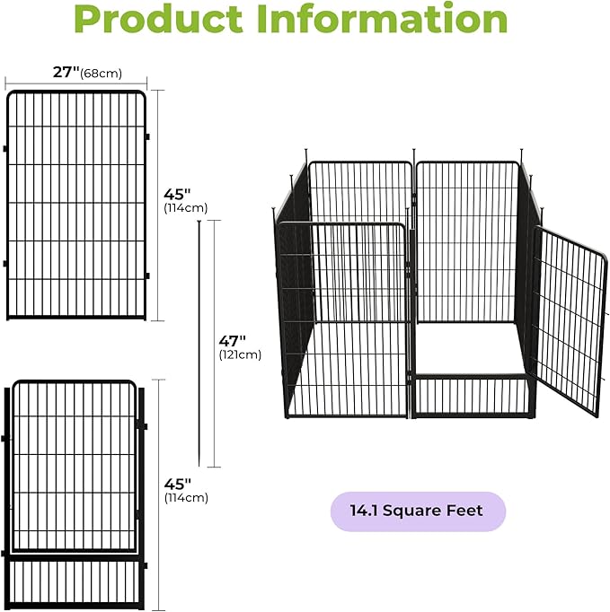 SunsGrove Tall Garden Fence with Gate, 45 in(H) x 17.8 ft(L) 8 Panels Heavy Duty Metal Animal Barrier Fence for Yard, Suitable for Indoor or Outdoor Dog Pet Fence, Garden Fence Border, Black