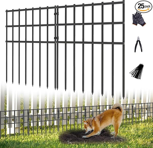 25 Pack Garden Animal Barrier Fence, 17in (H) X 27ft (L) No Dig Fence, Rustproof Metal Garden Fencing Bordere, Decorative Fencing Panel for Dog Rabbits Ground Stakes Defense and Outdoor Patio