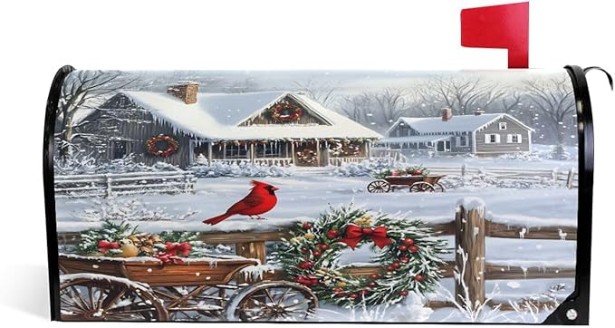 SUABO Mailbox Cover Winter Scene Cardinal Standard Magnetic Mailbox Covers Wraps for Christmas Home Yard Garden Decor