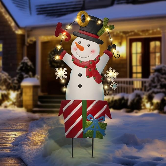 Christmas Outdoor Yard Signs Decorations, LED Solar Metal Garden Stake Lights with Joy for Patio Lawn Christmas Decor (Snowman)
