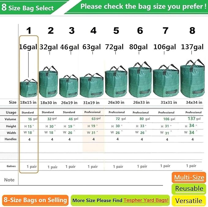 Standard 3-Pack 16 Gallons Yard Garden Bags (D18,H15 inch) W/Gardening Gloves, Reusable Leaf Bags,Grass Clippings,Lawn Debris Bag,Laundry Container,Patio Trash Bin,Weeds Bag,Yard Waste Bags 4 handles