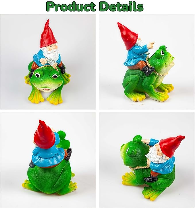 Gnome Riding on Frog Garden Statue Outdoor Garden Frog Statue for Yard Decoration Lawn Ornament Gardening Gifts for Women Mom Grandma