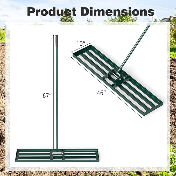 46" x 10" Lawn Leveling Rake, Heavy Duty Landscape Rake with 67" Handle, Non-Slip Grip & Flat Head, Space-Saving Lawn Level Tool for Garden, Backyard, Golf Course & Sports Field(Green)