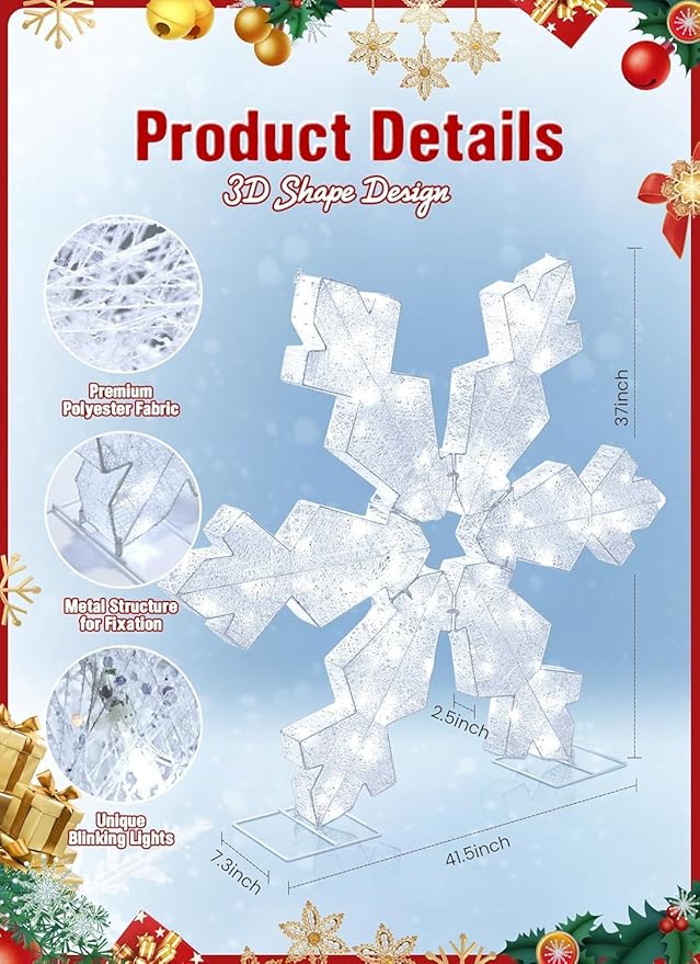 Brightown Christmas Snowflake Outdoor Decorations, Large 41.5in 3D Snowflake Christmas Decor with 100LED Lights, Pre-lit Xmas Outdoor Decor for Front Door Indoor Outside Yard Lighted Holiday Display