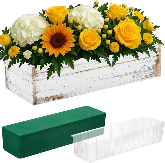 Dandat 1 Set Wood Boxes for Centerpieces 12x4 Inch Rectangle Wooden Planter Box Rustic Wooden Planters with Removable Plastic Liner Floral Foam Blocks for Christmas Wedding Home Garden Decor
