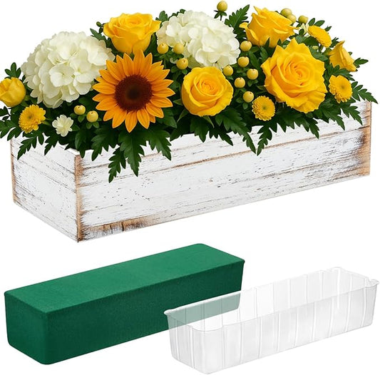 Dandat 1 Set Wood Boxes for Centerpieces 12x4 Inch Rectangle Wooden Planter Box Rustic Wooden Planters with Removable Plastic Liner Floral Foam Blocks for Christmas Wedding Home Garden Decor