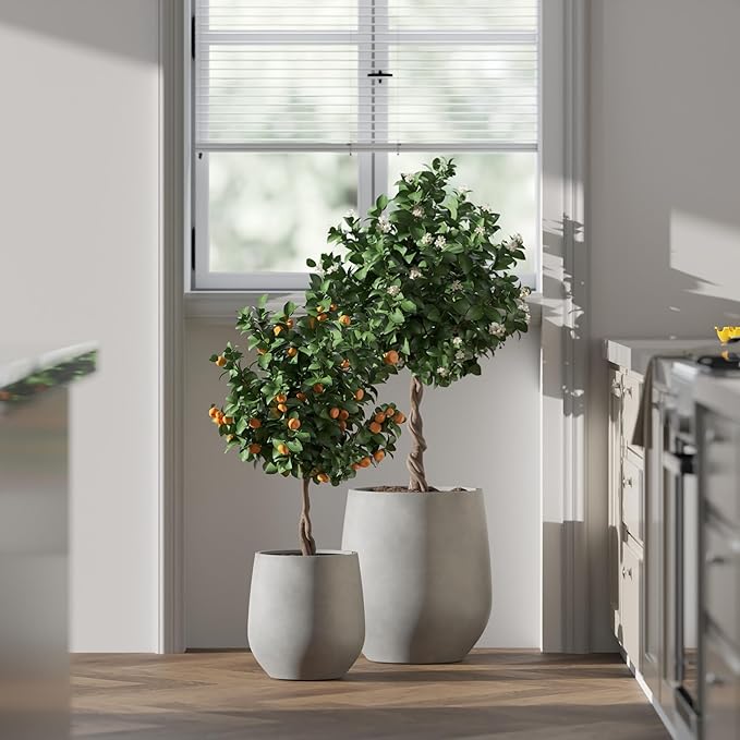 DTY Signature Mount Wilson Lightweight and Durable Modern Fiberstone Tapered Planter for Indoor Outdoor Drainage Hole & Rubber Plug Weather Resistant,16.7" H x 15" Dia, 11.7" Opening - Medium, Gray