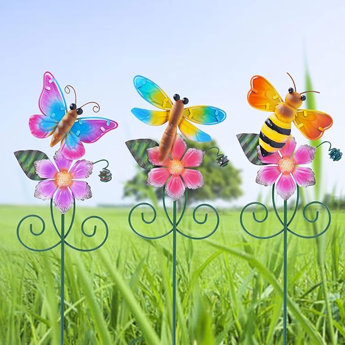 Topadorn Floral Garden Stakes Outdoor Plant Pick Waterproof Metal Flower Garden Stakes for Lawn Yard Patio,Pathway and Planter Pot Decor,Set of 3,Bee,Butterfly and Dragonfly