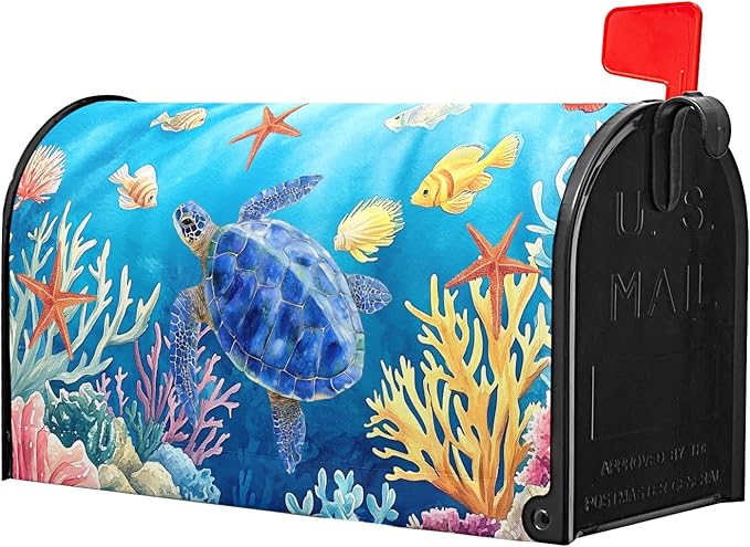 Sea Turtle Mailbox Cover Magnetic 21x18 Inch- Summer Ocean Blue Tortoise Starfish Coral Mailbox Wrap Post Cover Standard Size for Garden Yard Outdoor Outside Seasonal Decor