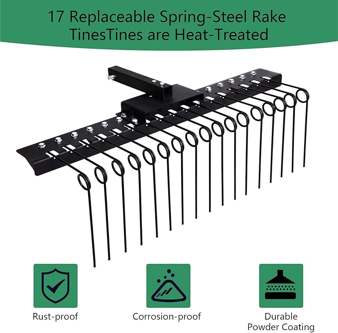 48" Durable Pine Straw Rake Steel Spring Landscape Rake Fits 2" Receiver for Lawn Tractors or ATV/UTV Black
