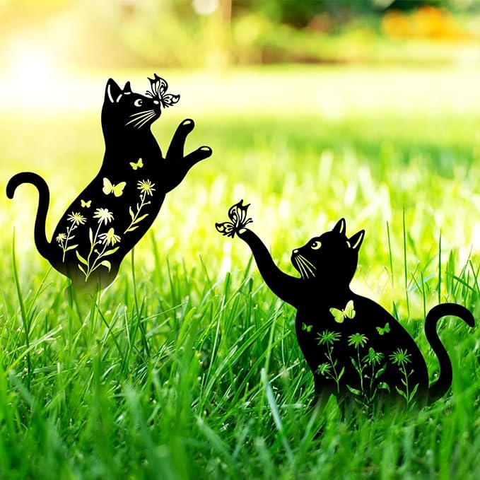 Cat Garden Decor for Outside, 2 Pack Metal Decorative Garden Stakes, Gift for Cat Lovers, Black Silhouette Statues Animal Stakes Decorations for Yard Art, Patio, Outdoor Decor, Lawn Ornaments