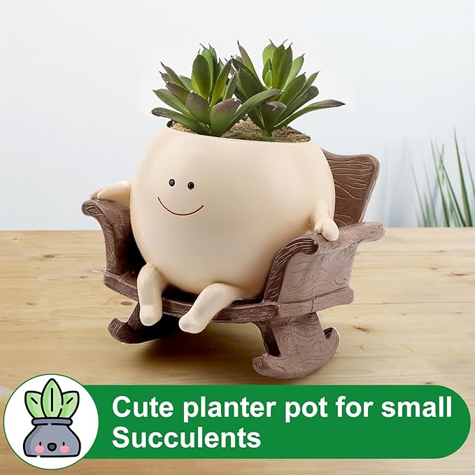 Cute Resin Flower Head Planters, Smily Face Planter Pots for Indoor Plants, Sit Rocking Chair Succulent Flower Pots with Drainage Hole, Gift IdeaI for Birthday