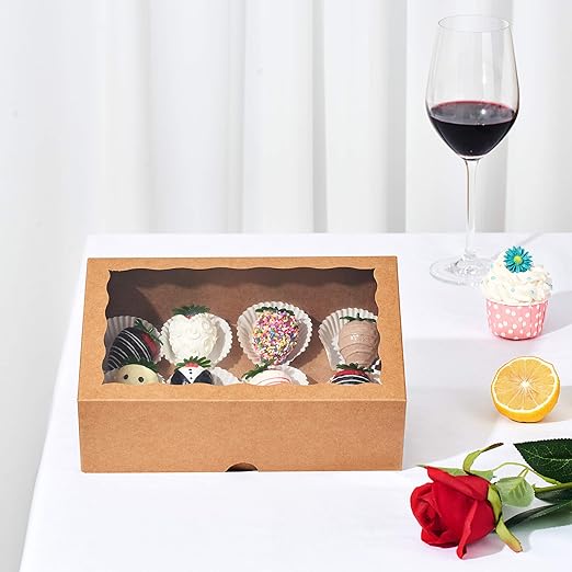 12PCS 10 x 7 x 2.5 inches One Piece Premium Strawberry Boxes, Cookie Boxes, Natural Kraft Brown Bakery Box with Display Window