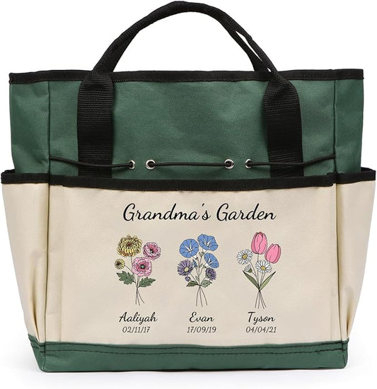 Personalized Garden Tools Set for Women: Custom Text Garden Tool Bag and Garden Shovel & Transplant Shovel & Hand Rake - Gardening Gifts for Mom Grandma Gardening Lover (3 Flowers)