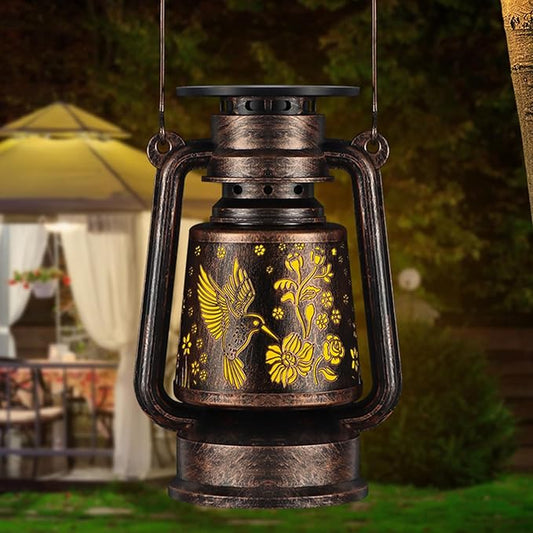 Solar Lantern Outdoor Vintage Hanging LED Waterproof Camping Light with Beautiful Graphics Landscape Decor for Yard,Patio,Porch,Lawn,Tabletop(Hummingbird)