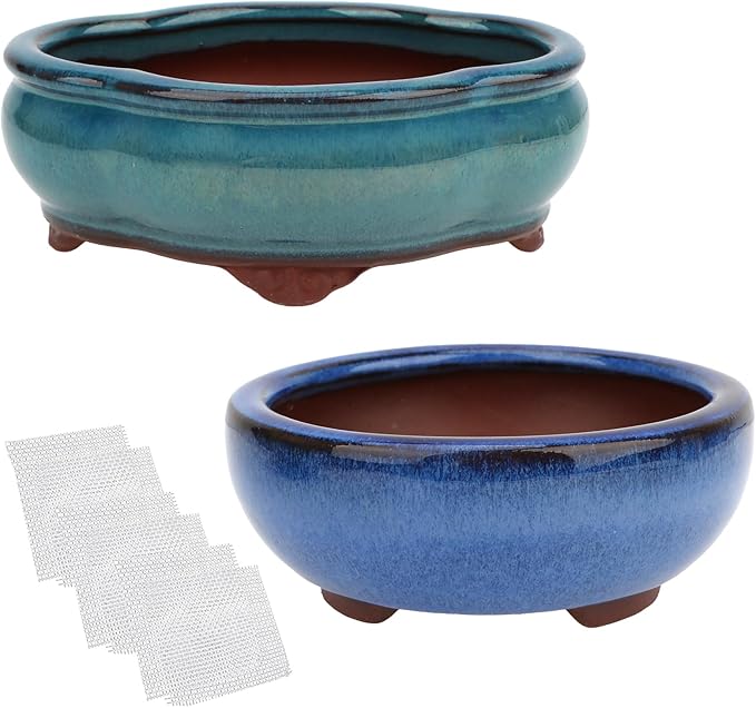 Bonsai Planter 4.9" 5.7" 2pc Small Succulent Glazed Pots + 6 Soft Mesh Drainage Screens