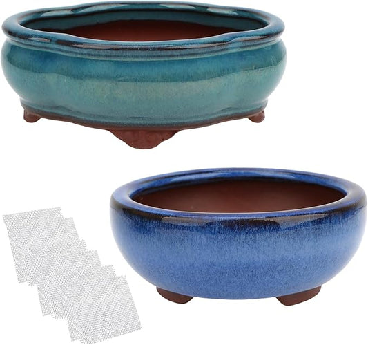 Bonsai Planter 4.9" 5.7" 2pc Small Succulent Glazed Pots + 6 Soft Mesh Drainage Screens