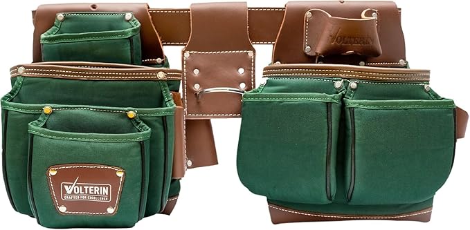 Leather & Nylon Tool Belt for Men – Heavy Duty 22-Pocket Framer’s Tool Bag for Carpenters & Electricians (Green, One Size)