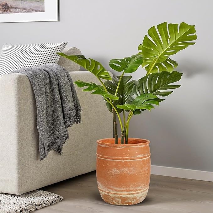 11" H x 9.5" Dia Fiberstone Planter – Rustic Terracotta-Style Flower Pot with Drainage Hole, Aged Clay Look Decorative Plant Container for Indoor Outdoor Patio Garden Home Décor