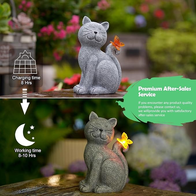 Garden Decor Cat Statues: Outdoor Sculptures with Glowing Butterfly for Lawn Ornaments Yard Art Porch Patio Balcony - Gifts for Mom Grandma Women