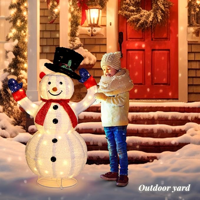 VINGLI 4FT Auto-Waving Outdoor Snowman Christmas Decorations, Lighted Pop Up Snowman w/120 LED Lights, Moving Hat, Red Scarf, Ground Stakes for Indoor, Yard, Outside Xmas Decor