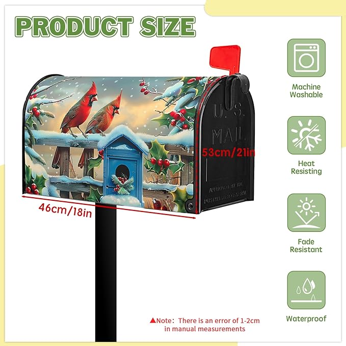Winter Mailbox Cover Cardinal Birds Mailbox Covers Holly Berry Mail Box Wrap Magnetic Standard Size 21x18 Inch Mailboxes Decorations for Christmas Garden Home Yard Decorations